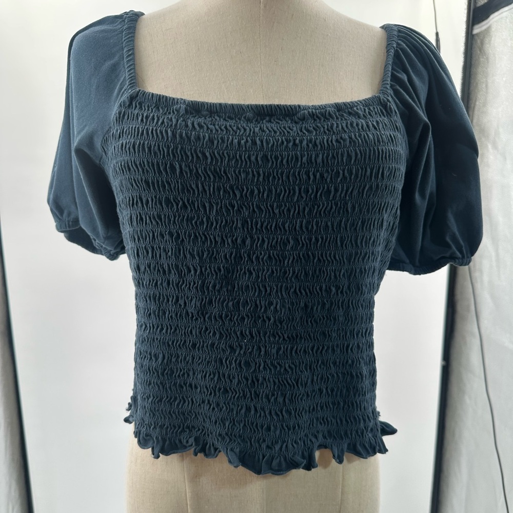 JCrew reimagined Smocked Square Neck Puff Sleeve Top Navy 100% cotton size large